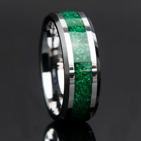 Men 8mm Tungsten Beveled Edges Crushed Malachite Stone Inlay Wedding Band